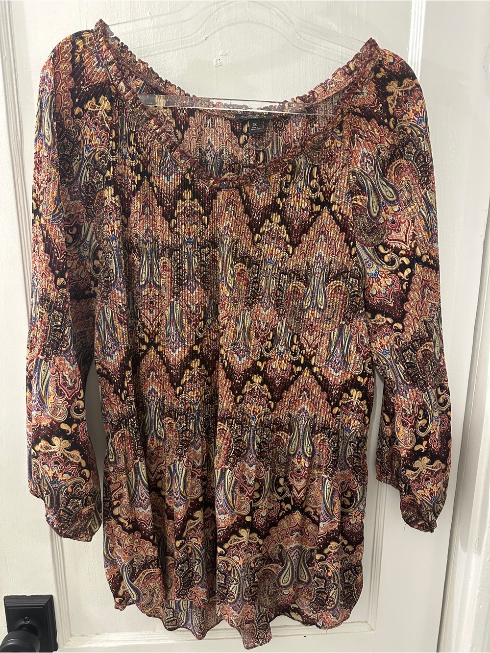 Sami & Jo Bohemian Style Burgundy Paisley Smocked-Neck Blouse
